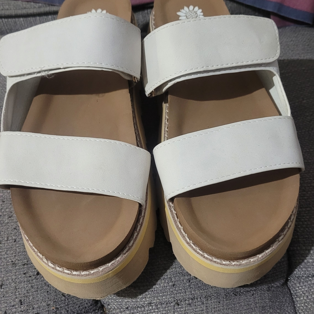 Yellow Box White and Tan Platform Sandals